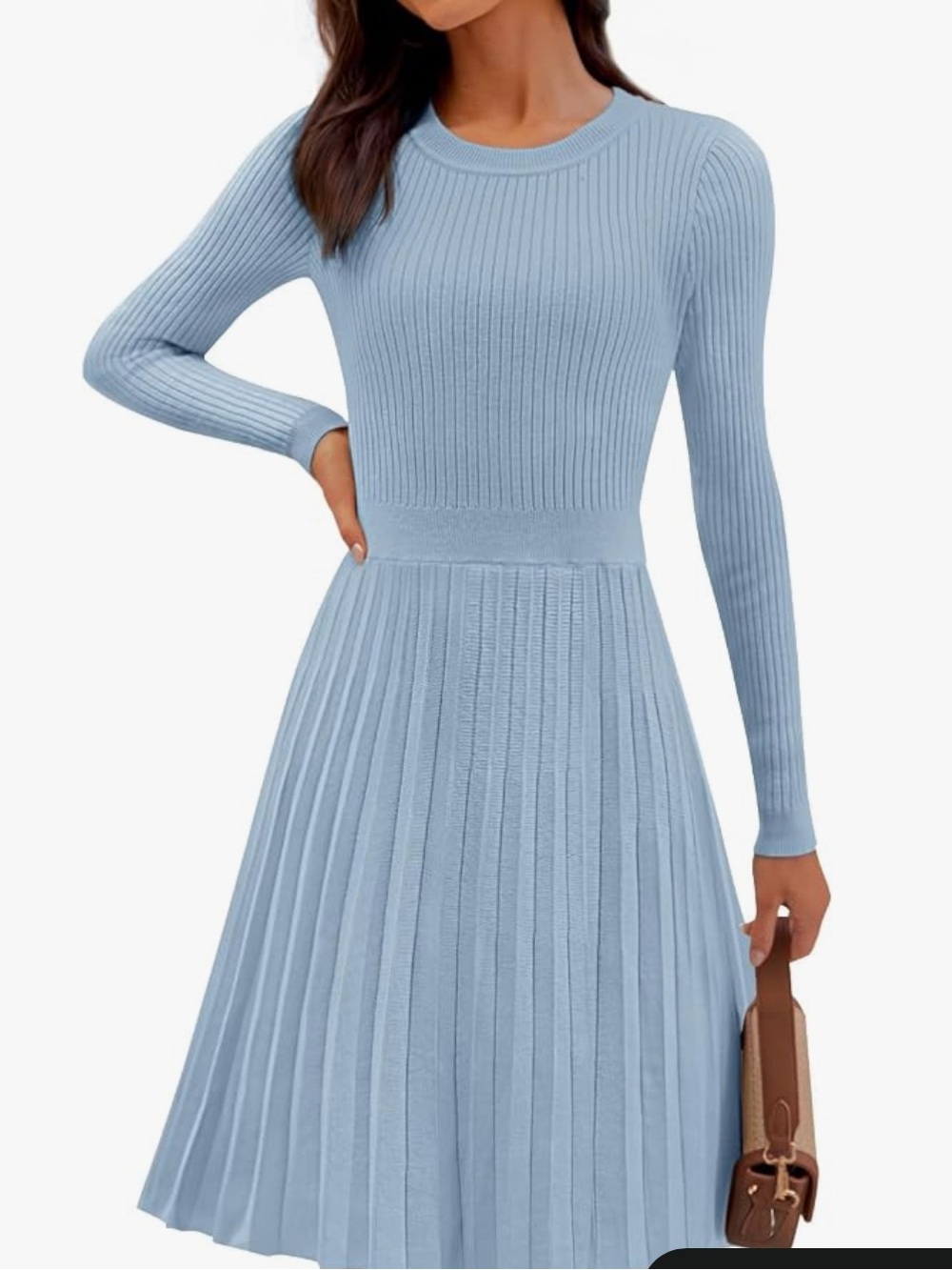 Dusty Blue Ribbed Knit Pleated Midi Sweater Dress
